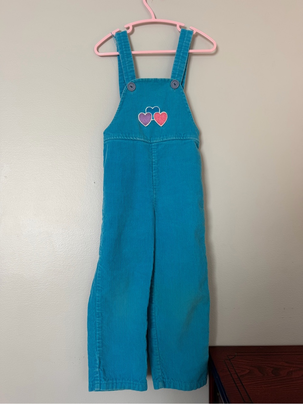 Vintage Kids Teal Corduroy Overalls with Heart Patches